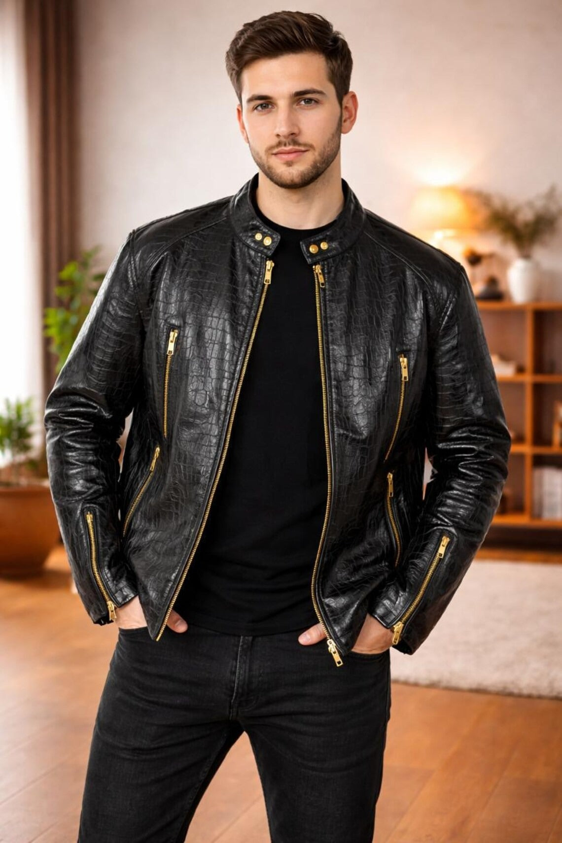 Men's White Crocodile-Embossed Genuine Leather Biker Jacket | Luxury Designer Style