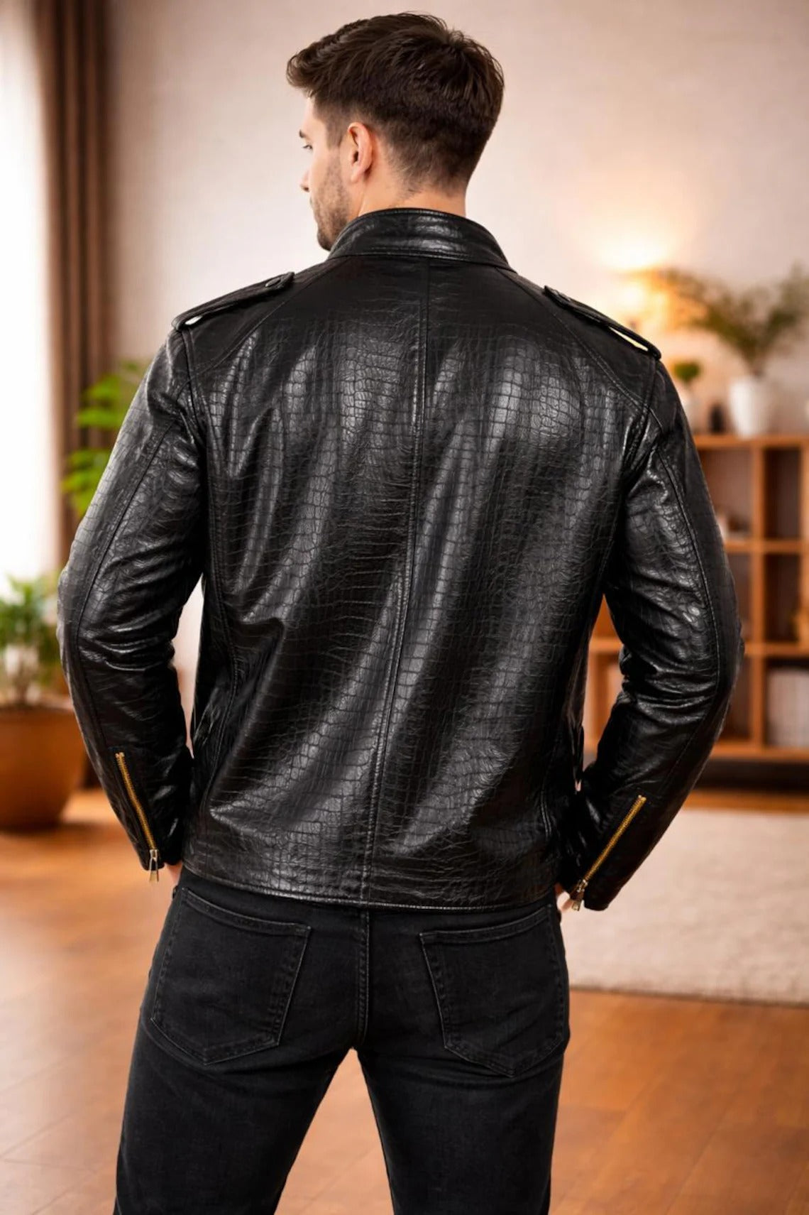 Men's White Crocodile-Embossed Genuine Leather Biker Jacket | Luxury Designer Style
